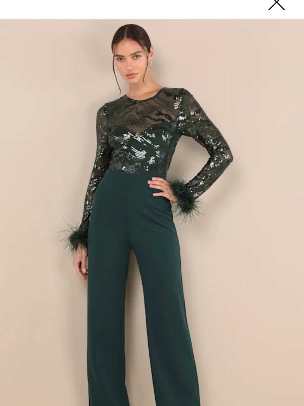 Lulus Sequined Green Feather-Cuff Jumpsuit